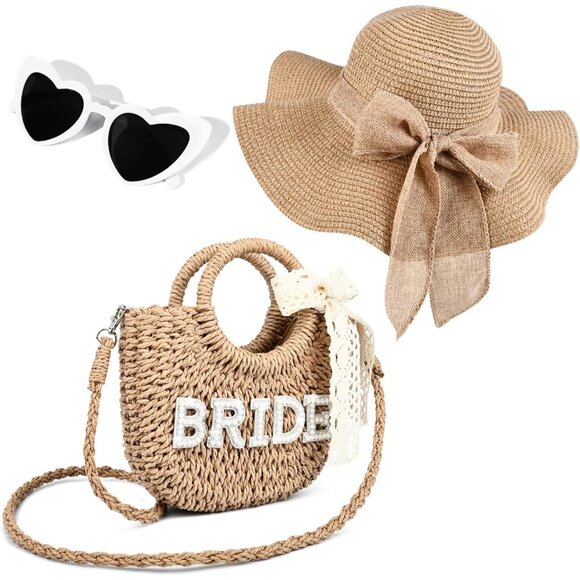 Bride Gift Set Straw Beach Bag Purse & Hat for Bridal Shower Honeymoon - Picture 1 of 7